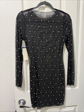 Black Pearl-Embellished Long Sleeve Dress